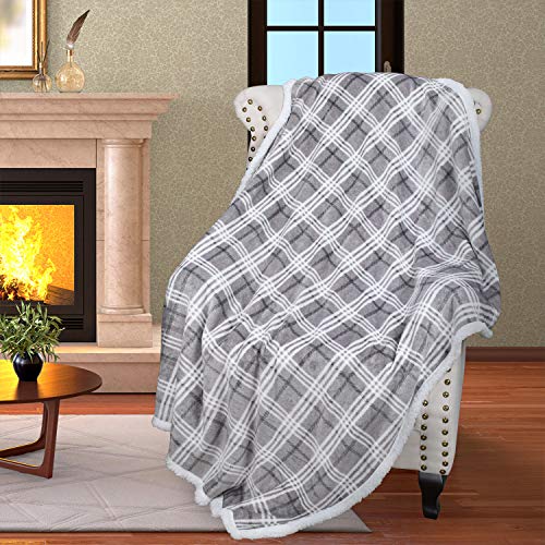 Catalonia Plaid Sherpa Throw Blanket, Holiday Throws for Couch Sofa Cabin Decro, Christmas Valentine's Day Gift, Buffalo Grey - color: Plaid Grey