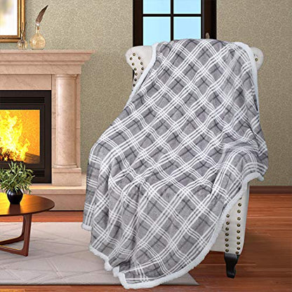 Catalonia Plaid Sherpa Throw Blanket, Holiday Throws for Couch Sofa Cabin Decro, Christmas Valentine's Day Gift, Buffalo Grey - color: Plaid Grey