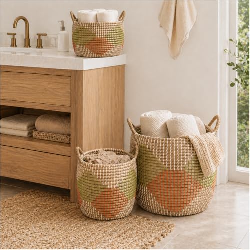 Set of 3 Handwoven Seagrass Storage Baskets with Handles, Decorative Round Wicker Basket Set for Blankets, Toys, Towels, Nursery, Living Room & Bedroom