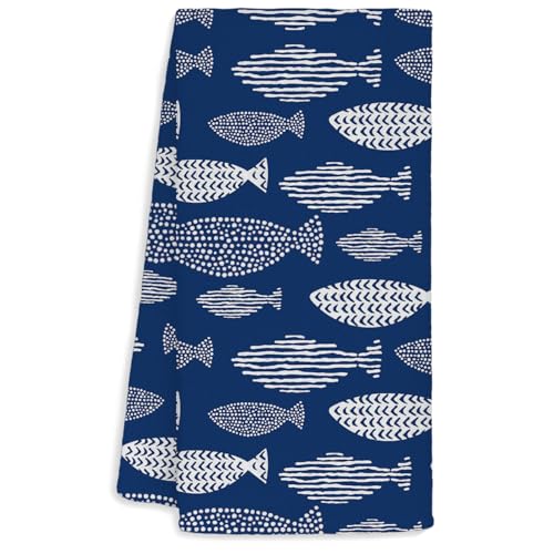 Jvpke Coastal Beach Kitchen Towels, Navy Blue Fishing Beach Hand Towels for Bathroom, Fish Decor Dish Tea Towels, Coastal Kitchen Bathroom Decor, 16x24 Inch - color: Fish Navy