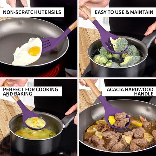 Zulay Kitchen 5 Piece Silicone Utensil Set | Non-Stick Silicone Cooking Utensils Set with Acacia Wood Handles - 464°F Heat Resistance Kitchen Utensils Set - Purple - color: Purple, size: 5-Piece Set