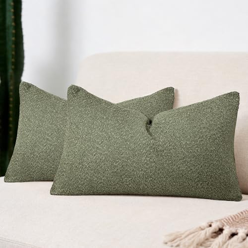 Textured Boucle Pillow Covers 12x20 Inch Set of 2, Green | Soft Decorative Throw Pillow Covers, Natural Boho Accent Solid Pillowcases Sofa Living Room Home Decor - color: Green, size: 20" x 12" (Pack of 2)