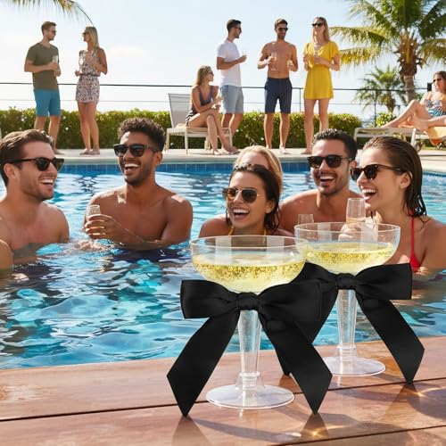 50 Sets Champagne Coupe Cocktail Glasses, 4oz Small Acrylic Martini Glasses with Satin Ribbon Black Bow, Plastic Margarita Martini Cups, Reusable Champagne Cups for Party, Home, Bar, Wedding