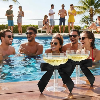 50 Sets Champagne Coupe Cocktail Glasses, 4oz Small Acrylic Martini Glasses with Satin Ribbon Black Bow, Plastic Margarita Martini Cups, Reusable Champagne Cups for Party, Home, Bar, Wedding