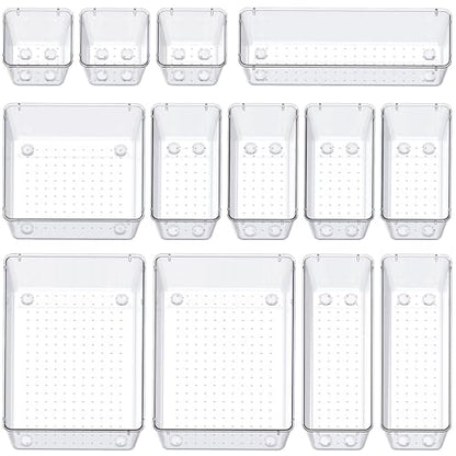 SMARTAKE 13-Piece Drawer Organizers with Non-Slip Silicone Pads, 5-Size | Clear Desk Bathroom Drawer Organizer Trays Storage Tray for Makeup, Jewelry, Utensils in Bedroom Dresser, Office and Kitchen - size: 13 PCS