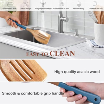 Wooden Spoons For Cooking, 6 PCS Natural Acacia Wooden Cooking Utensils, Non-Stick Wood Kitchen Utensil Set for Kitchen Essentials, Smooth Grip Wood Cooking Spoons with Hanging Hole, Blue - color: Blue