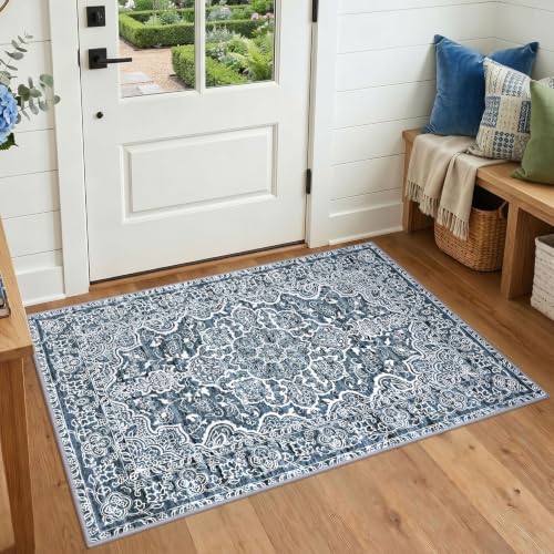 KUTA 3x4 Entryway Rug Vintage Floral Washable Area Rugs Blue White | Non-Slip, Non-Shedding, Low Pile, Easy Clean Throw Rug for Entrance, Front Door, Bathroom, Bedside, Laundry, Small Spaces - color: Blue Floral, size: 3' x 4' (Rectangular)