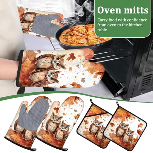 Autumn Maple Owls Oven Mitts and Pot Holders Sets 4 Pcs Silicone Kitchen Gloves Heat Resistant Fall Potholders for Baking Grilling BBQ - color: Fall Owl