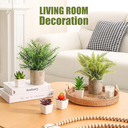 6Pcs Small Fake Plants Succulents Artificial Greenery Potted Plant Indoor | Faux Rosemary Fern Succulents in Pots, Home Room Office Desk Table Shelf Bathroom, Modern Farmhouse Decor
