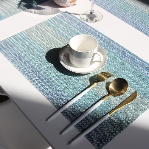 Placemats Washable Easy to Clean PVC Placemat for Kitchen Table Heat-resistand Woven Vinyl Hard Table Mats 12x18 inches Set of 6 （Blue） - color: Blue, size: placemats set of 6