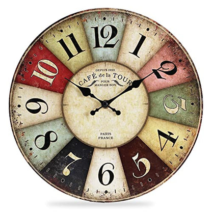 QWANPET Wall Clock - 12" Retro Rustic Style Quartz Clock, Silent Non-Ticking Wooden Battery Operated for Living Room, Kitchen, Home, Bathroom, Bedroom