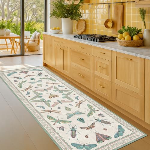 Washable Non Slip Bathroom Runner Rug 2x5, Insect Boho Bath Mat, Stain Resistant Low Pile Butterfly Insect Print Rugs for Laundry Room, Powder Room, Beige Green - color: Beige Green, size: 2' x 5' (Runner)
