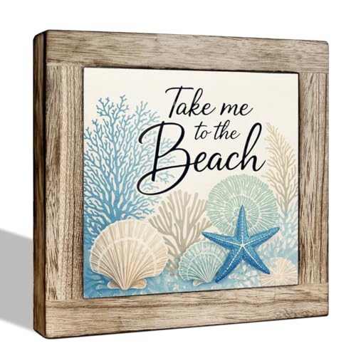 Take Me to the Beach Wooden Block Sign - Starfish and Seashell Design, Rustic Beach Decor for Living Room, Office, Desk, Porch, Seaside Home Decorations, Beach Lover Gifts, 5.9x5.9 Inches - color: Summer 09