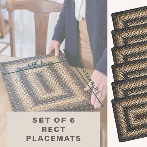 Homespice Kilimanjaro Jute Braided Placemats, Rect 13x19 Set of 6 | Black and Tan Everyday and Holiday Table Mats, Rich Colors, Reversible, Durable and Easy to Clean - color: Kilimanjaro