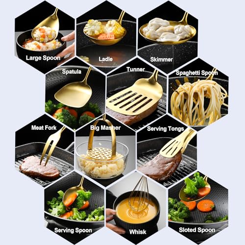 Gold Kitchen Cooking Utensils Set 13 PCS Stainless Steel 12-13.7" | Food-grade 304, Dishwasher Safe,Rust-proof, Made To Last,Easy To Store,Good Choice for Presents - color: Gold-13