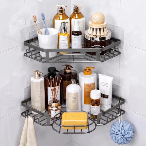 Corner Shower Caddy, Rustproof Shower Organizer with Soap Holder and 8 Hooks, No Drilling Adhesive Shower Shelves for Inside Shower, Large Capacity Shower Rack for Bathroom Shower Storage, Grey - color: Grey, size: Large