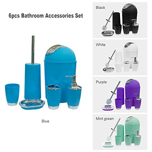Bathroom Accessories Set, 6-Piece Plastic Gift Set, Toothbrush Holder, Toothbrush Cup, Soap Dispenser, Soap Dish, Toilet Brush Holder, Trash Can (Blue) - color: Blue