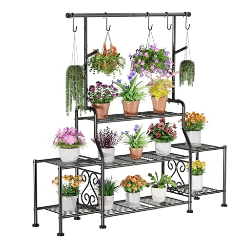 GIOTORENT 3-Tier Tall Metal Plant Stand Indoor Outdoor - Heavy Duty Plant Shelf for Garden, Patio, Balcony with 5 Hanging Hooks, Holds 16-25 Plants, Black - size: D-3Tier-Longer