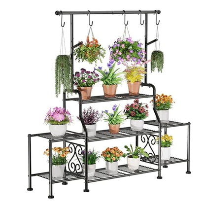 GIOTORENT 3-Tier Tall Metal Plant Stand Indoor Outdoor - Heavy Duty Plant Shelf for Garden, Patio, Balcony with 5 Hanging Hooks, Holds 16-25 Plants, Black - size: D-3Tier-Longer