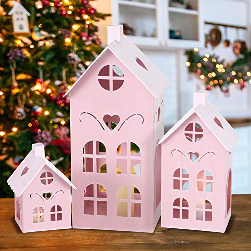 Pop Pink Town House Candle Lanterns, Set of 3, Metal, 15.75, 10.25, and 6 Inches Tall, - color: Pink