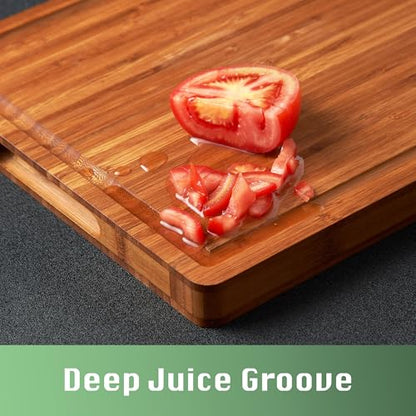 Allsum Extra Thick Wood Cutting Board for Kitchen, Reversible and Durable | 1” thick carbonized bamboo butcher block - resists warping - with handles, juice groove - charcuterie board for party - size: 16"L x 11"W