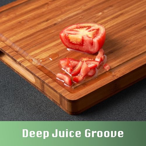Allsum Large Wood Cutting Board for Kitchen, 1” Thick Bamboo Cheese Charcuterie Board, Butcher Chopping Block, with Juice Grooves and Handles - size: 17"L x 12.4"W