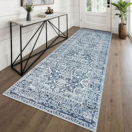KUTA Vintage Washable Kitchen Runner 3x8 Washable 8 ft Blue White Runners | Non-Slip, Non-Shedding, Low Pile, Easy Clean Distressed Flower Runners For Hallways Bathroom Entryway Bedroom Laundry Foyer - color: Blue Floral, size: 3' x 8' (Runner)