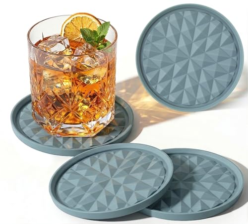 Silicone Drink Coasters Set of 4, Coaster for Desk | Prevents Condensation&Spills, Non-Slip, Reusable&Easy Clean, Diamond Pattern, Stylish Office&Home Decor, Gift, Light Blue - color: Light Blue, size: 4×3.9inches