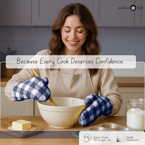 Native Fab Buffalo Plaid Check Oven Mitts and Pot Holders Set of 4, 100% Cotton Heat Resistant Kitchen Gloves, 2 Oven Mitts (7x13), 2 Pot Holders (8x8) for Cooking & Baking, Navy White - color: Buffalo, Navy Blue