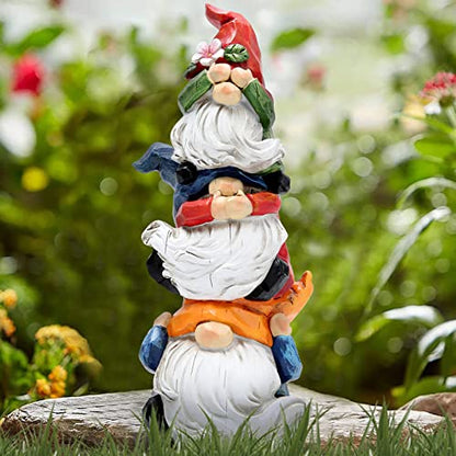 Hodao Spring Gnome Decor Statue, Resin Three Wise Gnomes Figurine with See No Evil Hear No Evil Speak No Evil Design, Cute Tiered Tray Shelf Table Accent, Year Round Gift - style: Three Wise Gnom