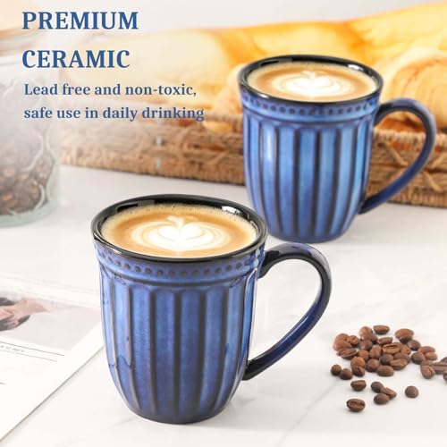 Coffee Mugs Set of 4, 16oz Navy Blue Ceramic Coffee Mug with Embossed Ribbed, Farmhouse Tea Cup Set for Latte, Cappuccino, Milk, Large Handle, Suitable for Office Home Restaurant Housewarming Gift - color: Navy Blue