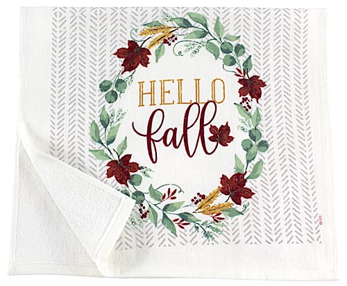 Farmhouse Fall Autumn Harvest Kitchen Hand Towels and Pot Holder Set: Hello Fall Red Burgundy Wine White Green Falling Leaves Design - color: Autumnleaves