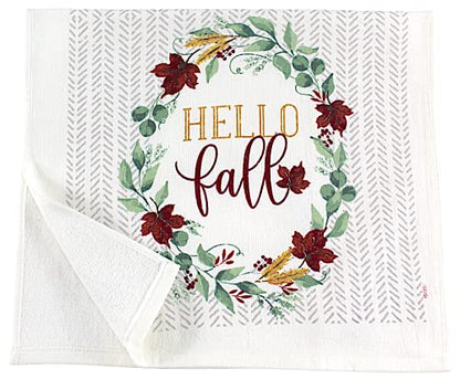 Farmhouse Fall Autumn Harvest Kitchen Hand Towels and Pot Holder Set: Hello Fall Red Burgundy Wine White Green Falling Leaves Design - color: Autumnleaves