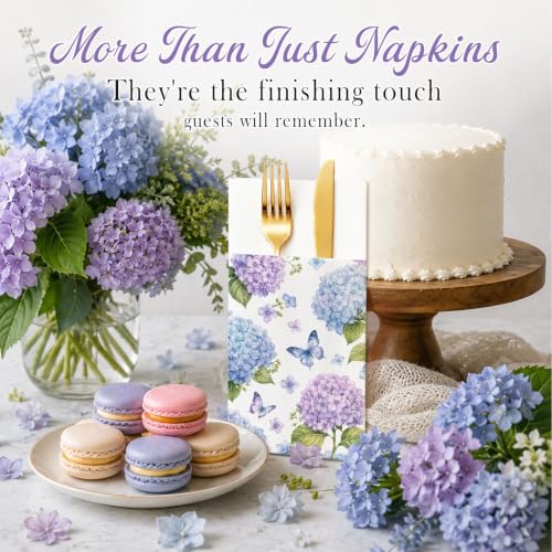 Hydrangea Linen Feel Pocket Napkins for Wedding Bridal Shower Supplies | Hydrangea Garden Design,Premium Linen Feel Paper,Built-In Flatware Pocket,Wedding, Baby Shower, Garden Party - color: Hydrangea