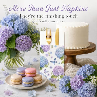 Hydrangea Linen Feel Pocket Napkins for Wedding Bridal Shower Supplies | Hydrangea Garden Design,Premium Linen Feel Paper,Built-In Flatware Pocket,Wedding, Baby Shower, Garden Party - color: Hydrangea