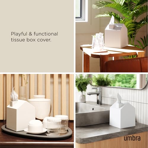 Umbra Casa Tissue Box Cover, House Shaped Kleenex Box Holder, Square, White | Adds decorative touch to rooms, easy one hand retrieval, wipe with damp cloth, durable plastic - color: White