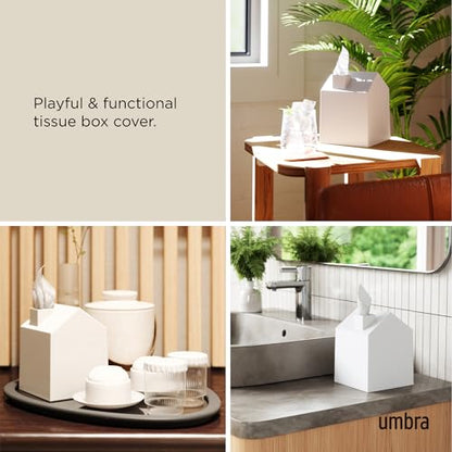 Umbra Casa Tissue Box Cover, House Shaped Kleenex Box Holder, Square, White | Adds decorative touch to rooms, easy one hand retrieval, wipe with damp cloth, durable plastic - color: White