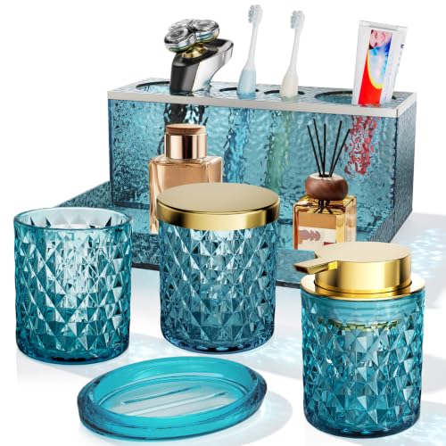 Glass Bathroom Accessories Set 5Pcs Crystal Teal, Foaming Soap Dispenser, Soap Dish, Cup, Acrylic Toothbrush Holder with Tray Organizer, Cotton Swab Jar, Bathroom Counter Set Sink Decor - color: Teal