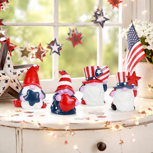 4th of July Decorations Patriotic Gnome Figurines, 4 Pcs Small Resin Gnome Statues, Red White and Blue Memorial Day Decor for Home Outdoor Garden Tiered Tray Shelf Mantel Tabletop Centerpieces