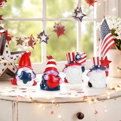 4th of July Decorations Patriotic Gnome Figurines, 4 Pcs Small Resin Gnome Statues, Red White and Blue Memorial Day Decor for Home Outdoor Garden Tiered Tray Shelf Mantel Tabletop Centerpieces
