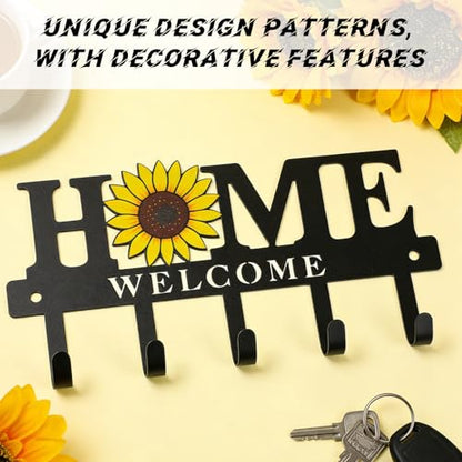Key Holder Wall Mount Sunflower Metal Key Hooks Organizer Hanger Coat Rack with 5 Hooks Rustic Farmhouse Decorative Welcome Home Wall Decor for Entryway Bathroom Hallway Living Room 9.8 Inch - style: Sunflower