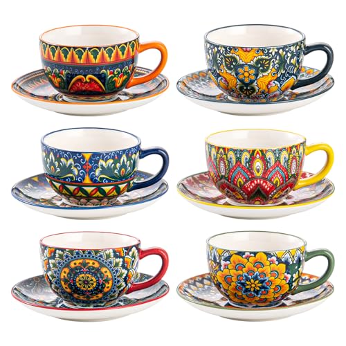 Henten Home Ceramic Tea Cup with Saucers, 8.5 oz Latte Cup Set of 6 | Boho Style Cup for Cappuccino, Coffee, Hot Cocoa, Espresso, Microwave & Dishwasher Safe, Non Toxic
