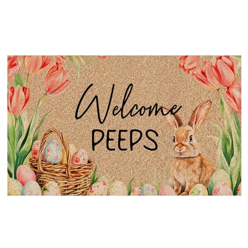 Easter Bunny Welcome Door Mat, Funny Welcome Peeps Easter Rabbit Floral Decorative Artificial Coco Coir Doormat for Indoor Outdoor Porch Front Door Entrance Outside, 17x30 in, - color: Easter Rabbit