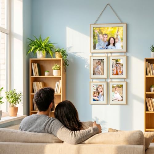 8.5x10 & 4x6 Picture Frame Hanging Wall Collage Picture Frame Set, Holds 1 Large 8.5x10 and 4 Small 4x6 Photos, 5 Openings Wall Picture Frame for Home Deor - color: Yellow and White