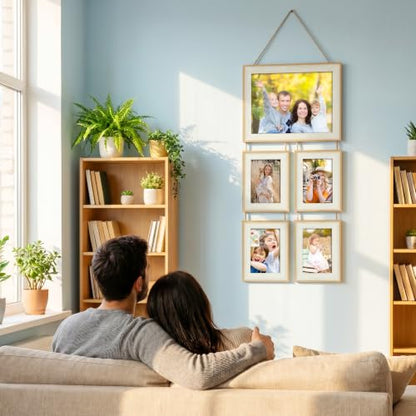 8.5x10 & 4x6 Picture Frame Hanging Wall Collage Picture Frame Set, Holds 1 Large 8.5x10 and 4 Small 4x6 Photos, 5 Openings Wall Picture Frame for Home Deor - color: Yellow and White
