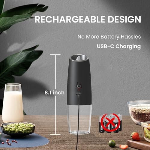Rechargeable Gravity Salt Pepper Grinder Set, 2 Pack (Black) | Gravity Rechargeable Grinder With Led Light & Adjustable Coarseness, No Extra Batteries Needed For Kitchen Seasoning - color: Rechargeable/2pcs/Black