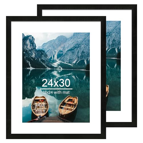 Hongkee 24x30 Frame Set of 2, Rustic Black Wood Style - Display 18x24 Picture Frame with Mat or 24 x 30 Poster without Mat, Wall Mounting Horizontal and Vertical - color: Rustic Black, size: 24x30 in