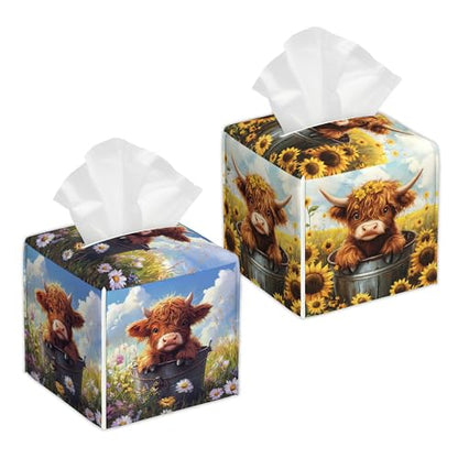 Flower Highland Cow 2 Pcs Tissue Box Cover Square, Spring Summer Tissue Box Holder Waterproof Leather Facial Paper Organizer Dispenser for Bathroom Home Car Nightstand - color: Flower Highland Cow