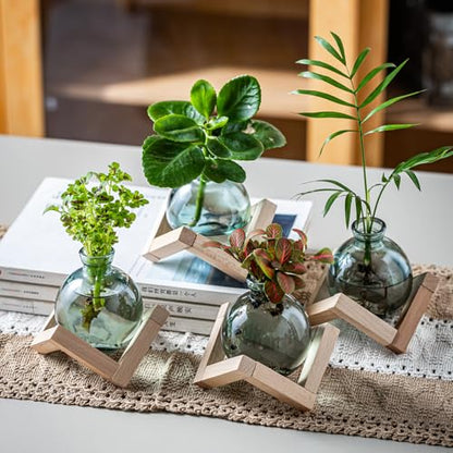 Plant Propagation Station, Plant Terrarium with Wooden Stand for Hydroponic Plant Propagation, Propagation Vases for Plants, Green Glass Bulb Vases for Home Office Decor (2)
