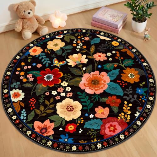 RELEANY Floral Washable Round 4ft Area Rug Black | Flower Carpet, Print, Boho, Non-Slip, Easy to Clean, Soft, Low Pile for Living Room Bedroom Kitchen Office Entryway Hallway - color: Black, size: 4' (Round)